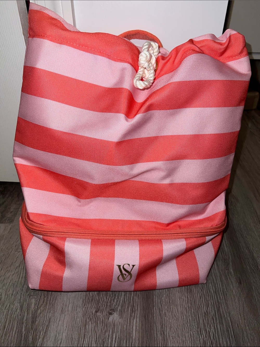 Victoria Secret Backpack Cooler Pocket Beach Bag Logo Drawstring Stripped Pink